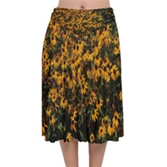 Field Of Yellow Flowers Velvet Flared Midi Skirt