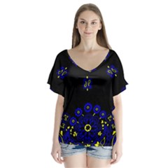 Blue Yellow Bandana V-neck Flutter Sleeve Top by dressshop