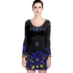 Blue Yellow Bandana Long Sleeve Velvet Bodycon Dress