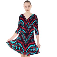 Blue And Red Bandana Quarter Sleeve Front Wrap Dress