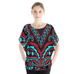 Blue And Red Bandana Batwing Chiffon Blouse