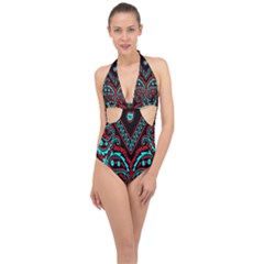 Blue And Red Bandana Halter Front Plunge Swimsuit