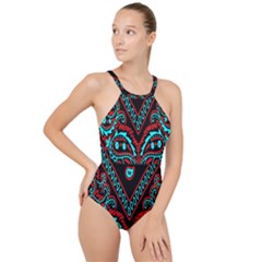 Blue And Red Bandana High Neck One Piece Swimsuit