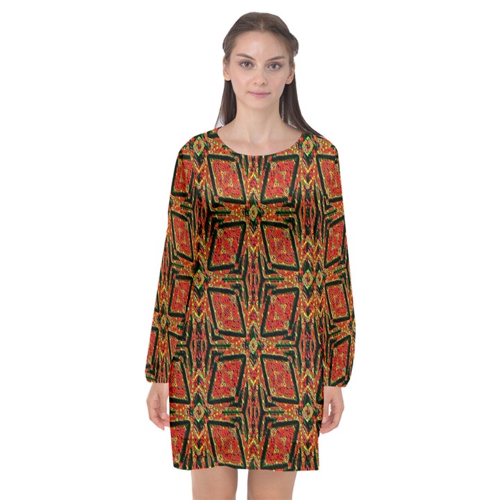 Geometric Doodle 2 Long Sleeve Chiffon Shift Dress 