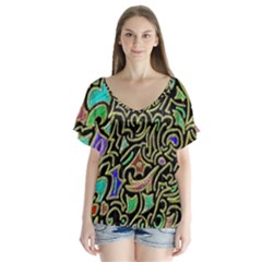 Swirl Retro Abstract Doodle V-neck Flutter Sleeve Top by dressshop