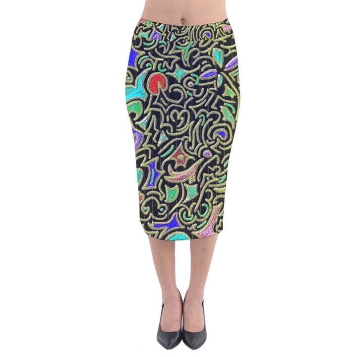 Swirl Retro Abstract Doodle Velvet Midi Pencil Skirt