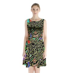 Swirl Retro Abstract Doodle Sleeveless Waist Tie Chiffon Dress