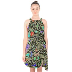 Swirl Retro Abstract Doodle Halter Collar Waist Tie Chiffon Dress