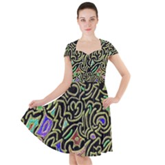 Swirl Retro Abstract Doodle Cap Sleeve Midi Dress