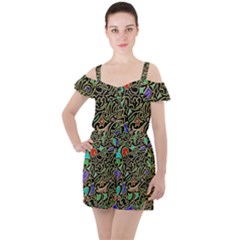 Swirl Retro Abstract Doodle Ruffle Cut Out Chiffon Playsuit