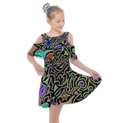 Swirl Retro Abstract Doodle Kids  Shoulder Cutout Chiffon Dress