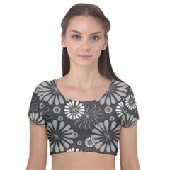 Floral Pattern Velvet Short Sleeve Crop Top  by Hansue