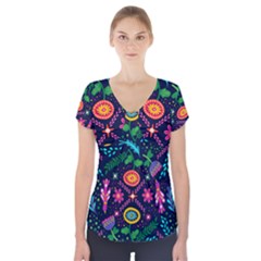 Colorful Pattern Short Sleeve Front Detail Top by Hansue