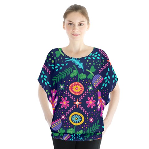 Colorful Pattern Batwing Chiffon Blouse by Hansue