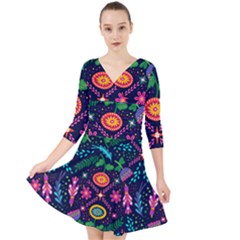 Colorful Pattern Quarter Sleeve Front Wrap Dress by Hansue