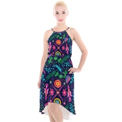 Colorful Pattern High-low Halter Chiffon Dress  by Hansue