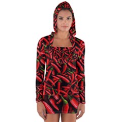 Red Chili Peppers Pattern Long Sleeve Hooded T-shirt by bloomingvinedesign