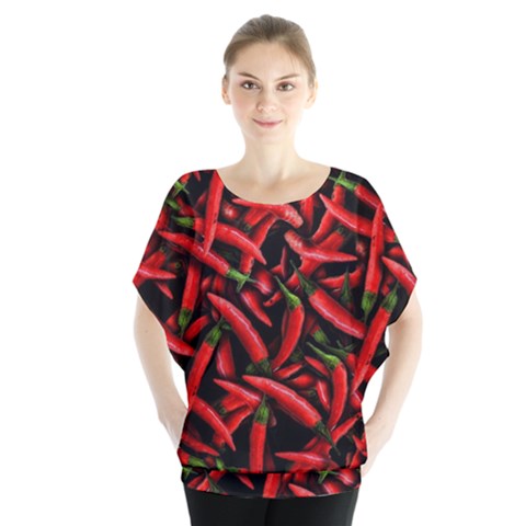 Red Chili Peppers Pattern Batwing Chiffon Blouse by bloomingvinedesign