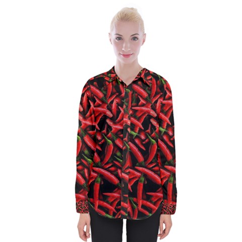 Red Chili Peppers Pattern Womens Long Sleeve Shirt by bloomingvinedesign