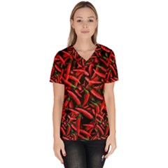 Red Chili Peppers Pattern Women s V-neck Scrub Top by bloomingvinedesign