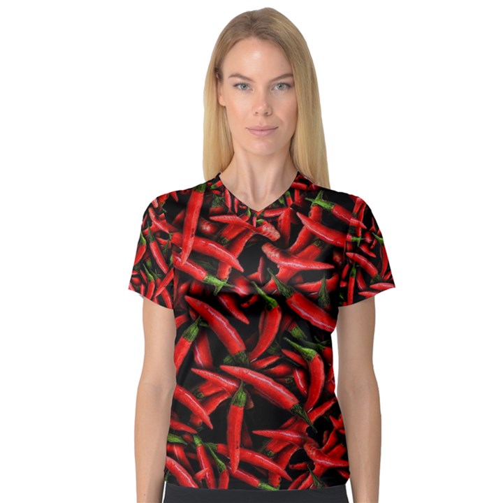 Red Chili Peppers Pattern V-Neck Sport Mesh Tee