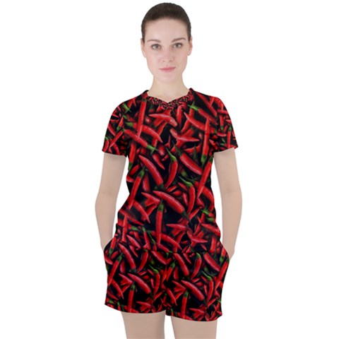 Red Chili Peppers Pattern Women s Tee And Shorts Set by bloomingvinedesign