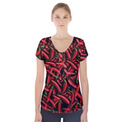 Red Chili Peppers Pattern Short Sleeve Front Detail Top by bloomingvinedesign