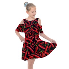 Red Chili Peppers Pattern Kids  Shoulder Cutout Chiffon Dress