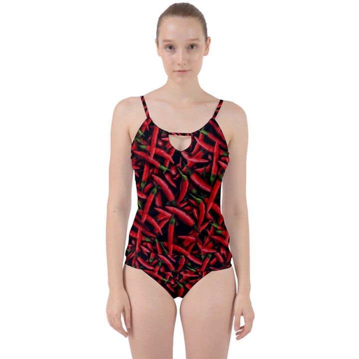 Red Chili Peppers Pattern Cut Out Top Tankini Set