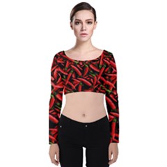 Red Chili Peppers Pattern Velvet Long Sleeve Crop Top