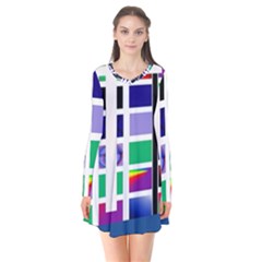 Color Graffiti Pattern Geometric Long Sleeve V-neck Flare Dress by Nexatart