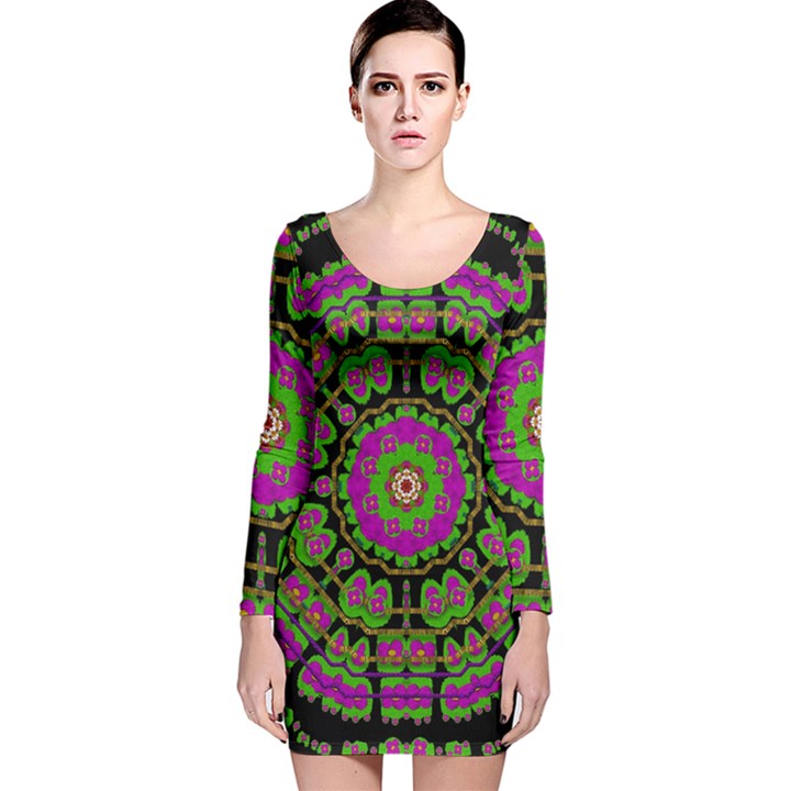 Flowers And More Floral Dancing A Happy Dance Long Sleeve Velvet Bodycon Dress