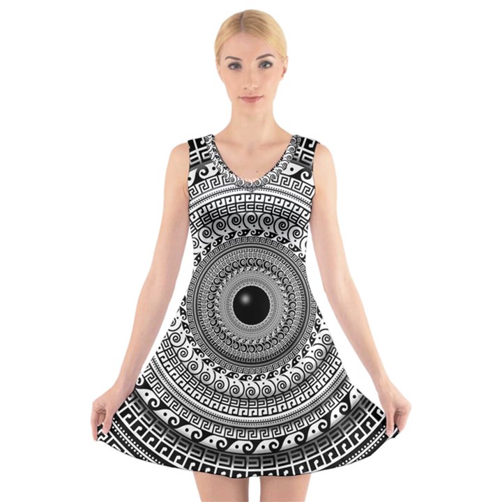 Graphic Design Round Geometric V-Neck Sleeveless Dress