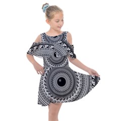 Graphic Design Round Geometric Kids  Shoulder Cutout Chiffon Dress