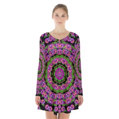 Flowers And More Floral Dancing A Power Peace Dance Long Sleeve Velvet V-neck Dress