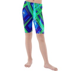 Green Blue Squares Fractal Kids  Mid Length Swim Shorts by bloomingvinedesign