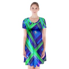 Green Blue Squares Fractal Short Sleeve V-neck Flare Dress by bloomingvinedesign