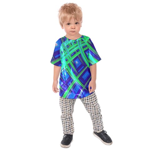 Green Blue Squares Fractal Kids Raglan Tee by bloomingvinedesign