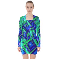 Green Blue Squares Fractal V-neck Bodycon Long Sleeve Dress