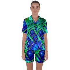 Green Blue Squares Fractal Satin Short Sleeve Pyjamas Set by bloomingvinedesign