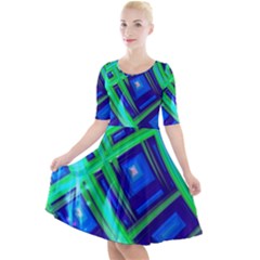 Green Blue Squares Fractal Quarter Sleeve A-line Dress by bloomingvinedesign