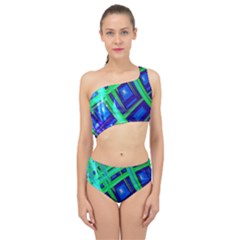 Green Blue Squares Fractal Spliced Up Two Piece Swimsuit by bloomingvinedesign