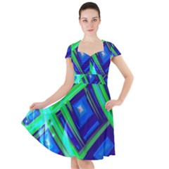 Green Blue Squares Fractal Cap Sleeve Midi Dress