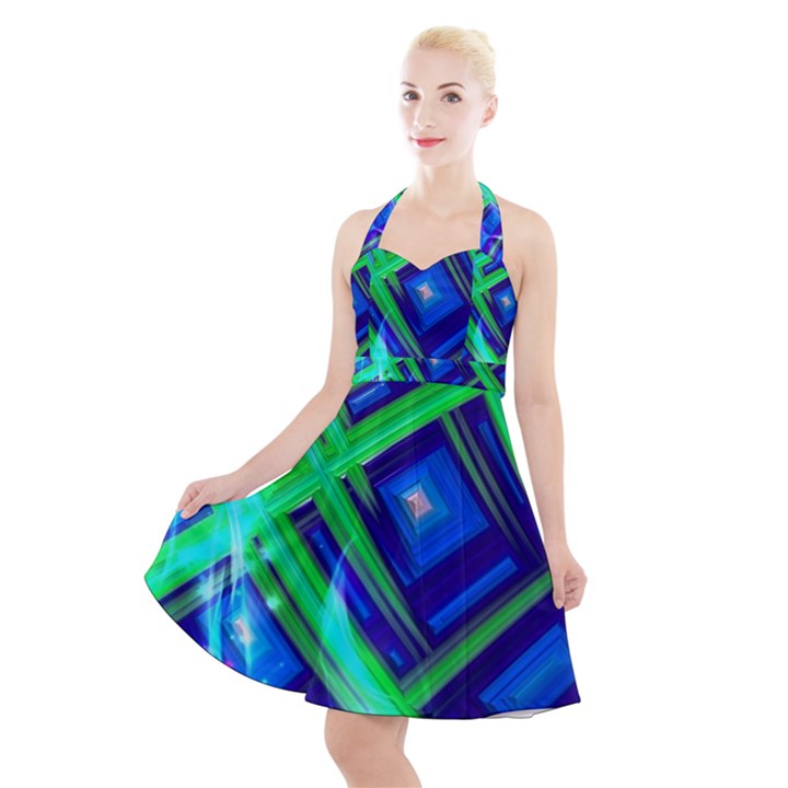 Green Blue Squares Fractal Halter Party Swing Dress 