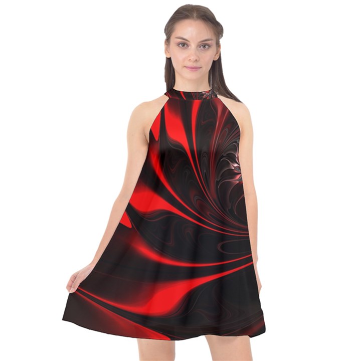 Red Black Abstract Curve Dark Flame Pattern Halter Neckline Chiffon Dress 