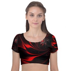 Red Black Abstract Curve Dark Flame Pattern Velvet Short Sleeve Crop Top  by Nexatart