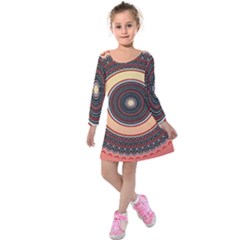 Ornamental Shape Concentric Round Kids  Long Sleeve Velvet Dress by Nexatart