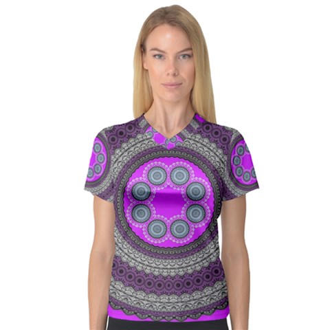 Round Pattern Ethnic Design V-neck Sport Mesh Tee by Nexatart