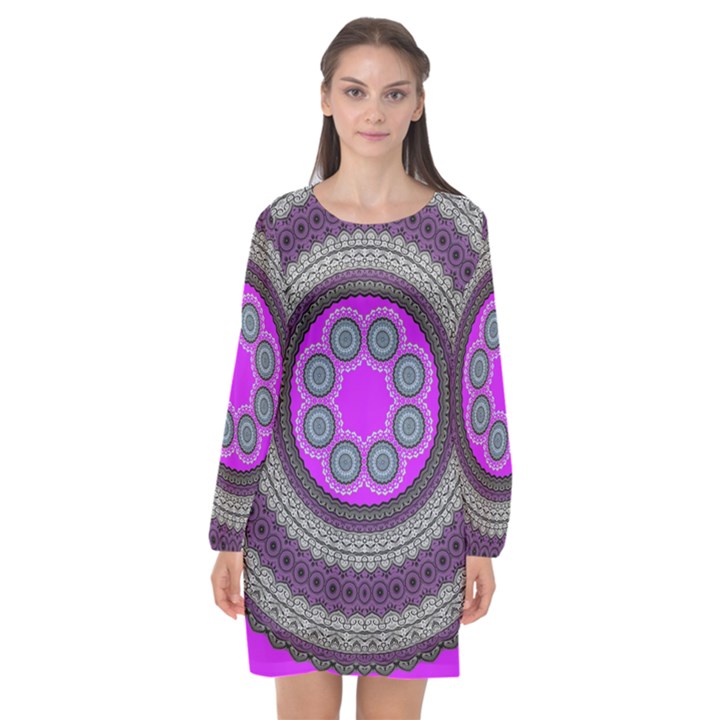 Round Pattern Ethnic Design Long Sleeve Chiffon Shift Dress 