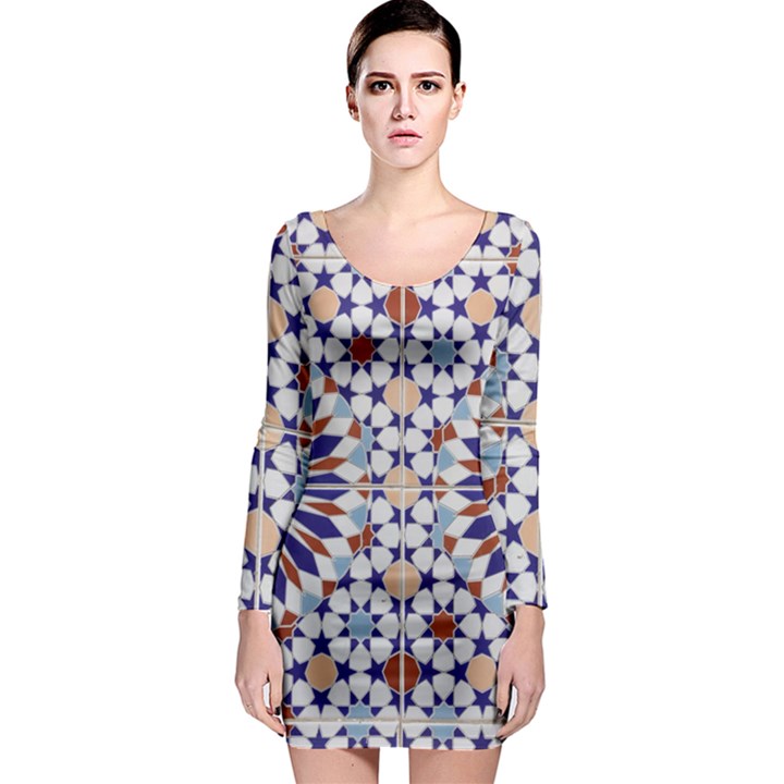 Morocco Essaouira Tile Pattern Long Sleeve Bodycon Dress